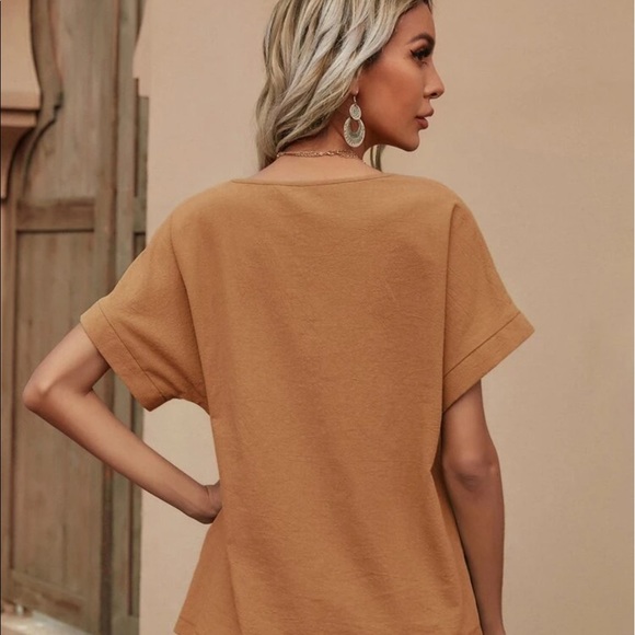 CAMEL 🐪  V-NECK BATWING SLEEVE SOLID BLOUSE - Picture 2 of 9